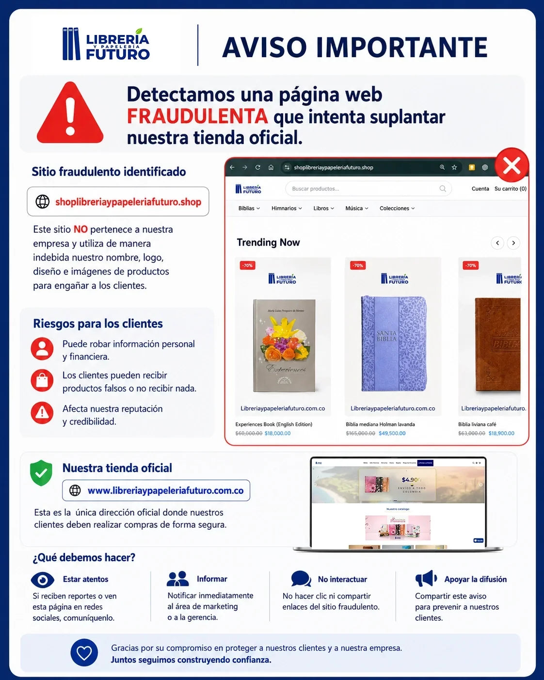 Aviso importante: página web fraudulenta suplanta a Librería y Papelería Futuro