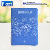 Biblia Floral Azul, en tamaño y letra mediana con índice y cremallera
