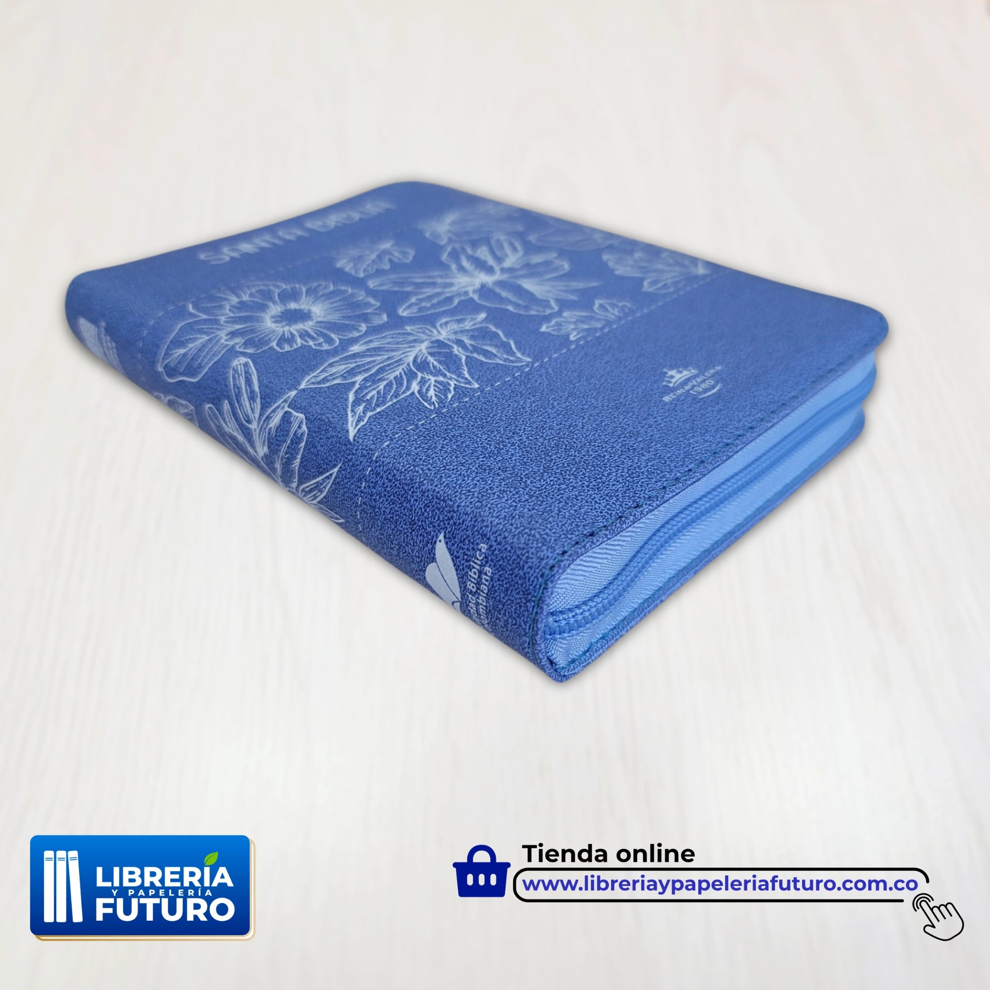 Biblia Floral Azul, en tamaño y letra mediana con índice y cremallera