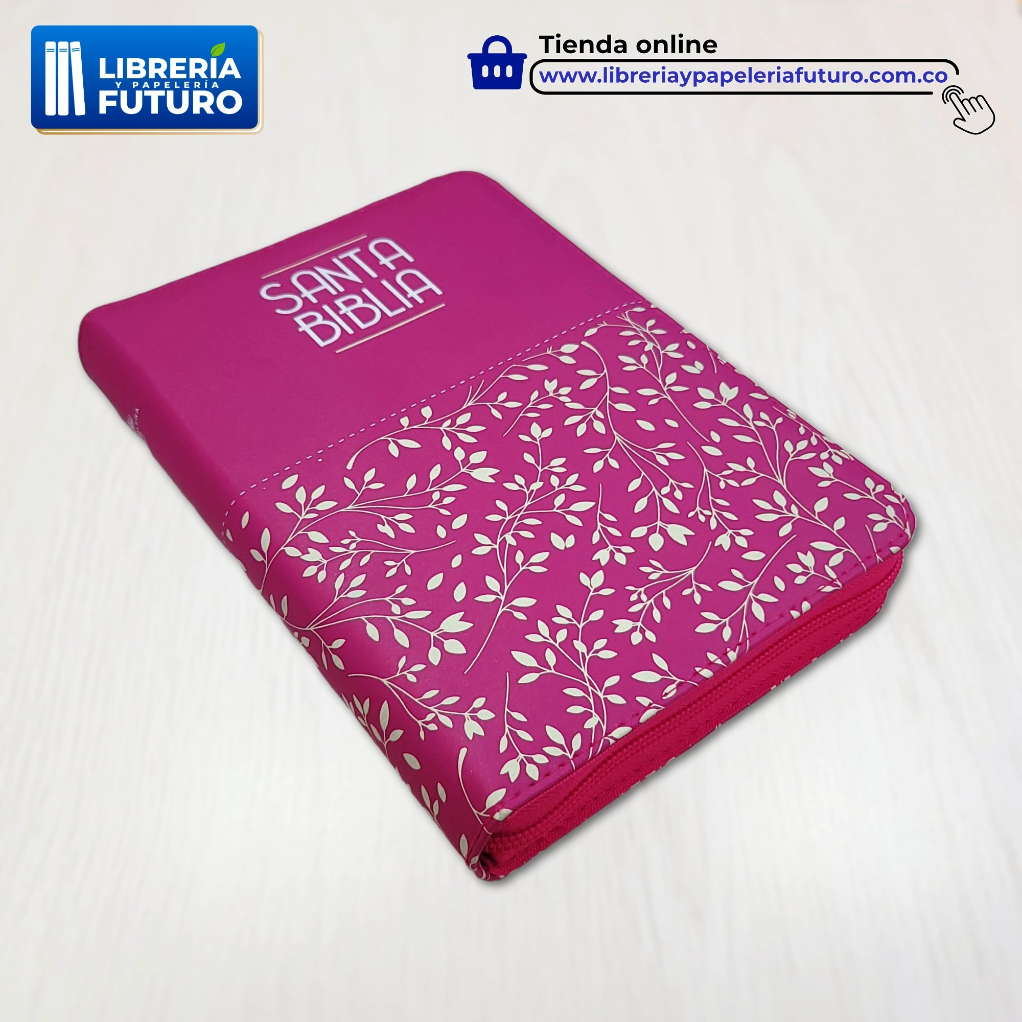 Biblia Floral Fucsia, en tamaño y letra mediana con índice y cremallera