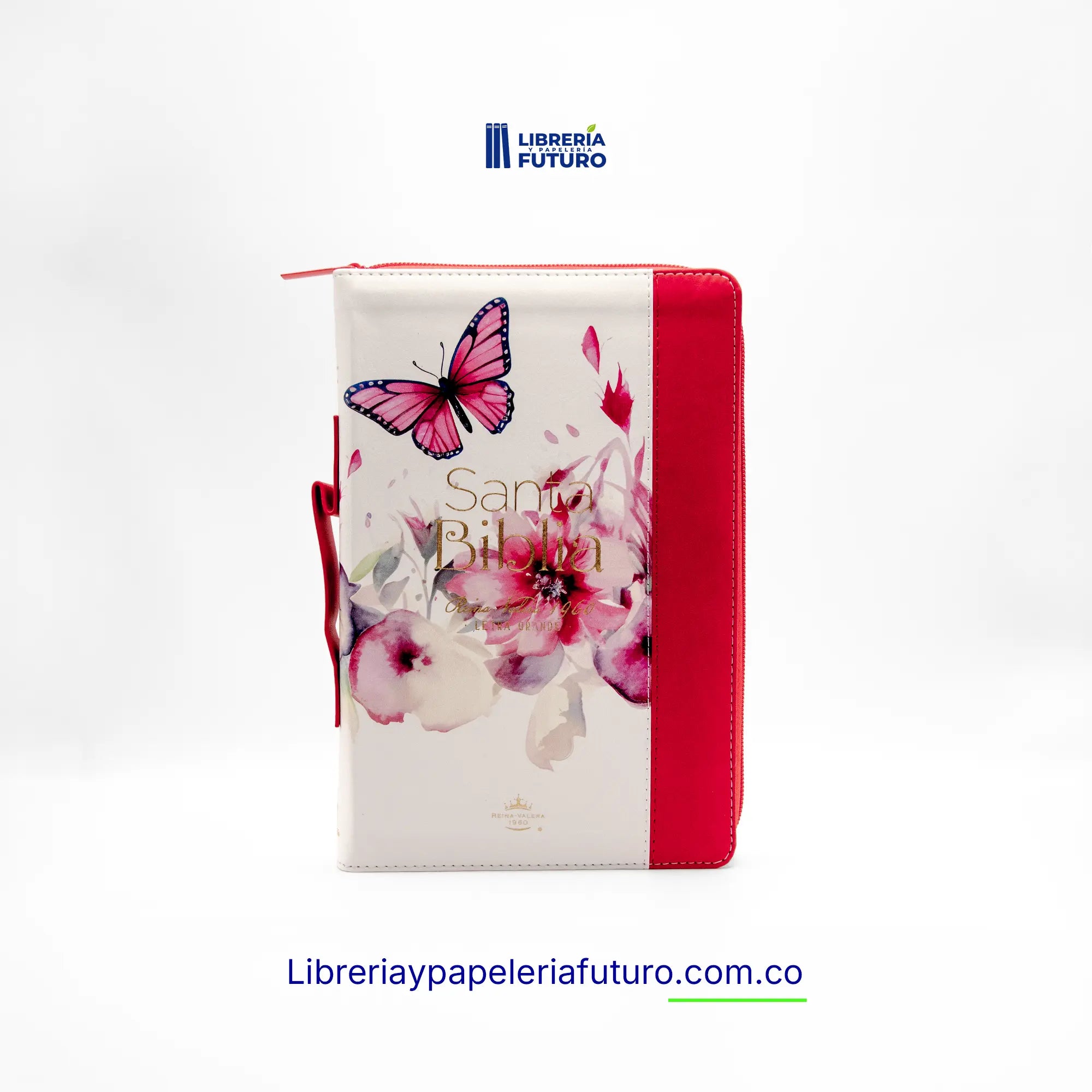Biblia mediana blanca mariposas broche y asa
