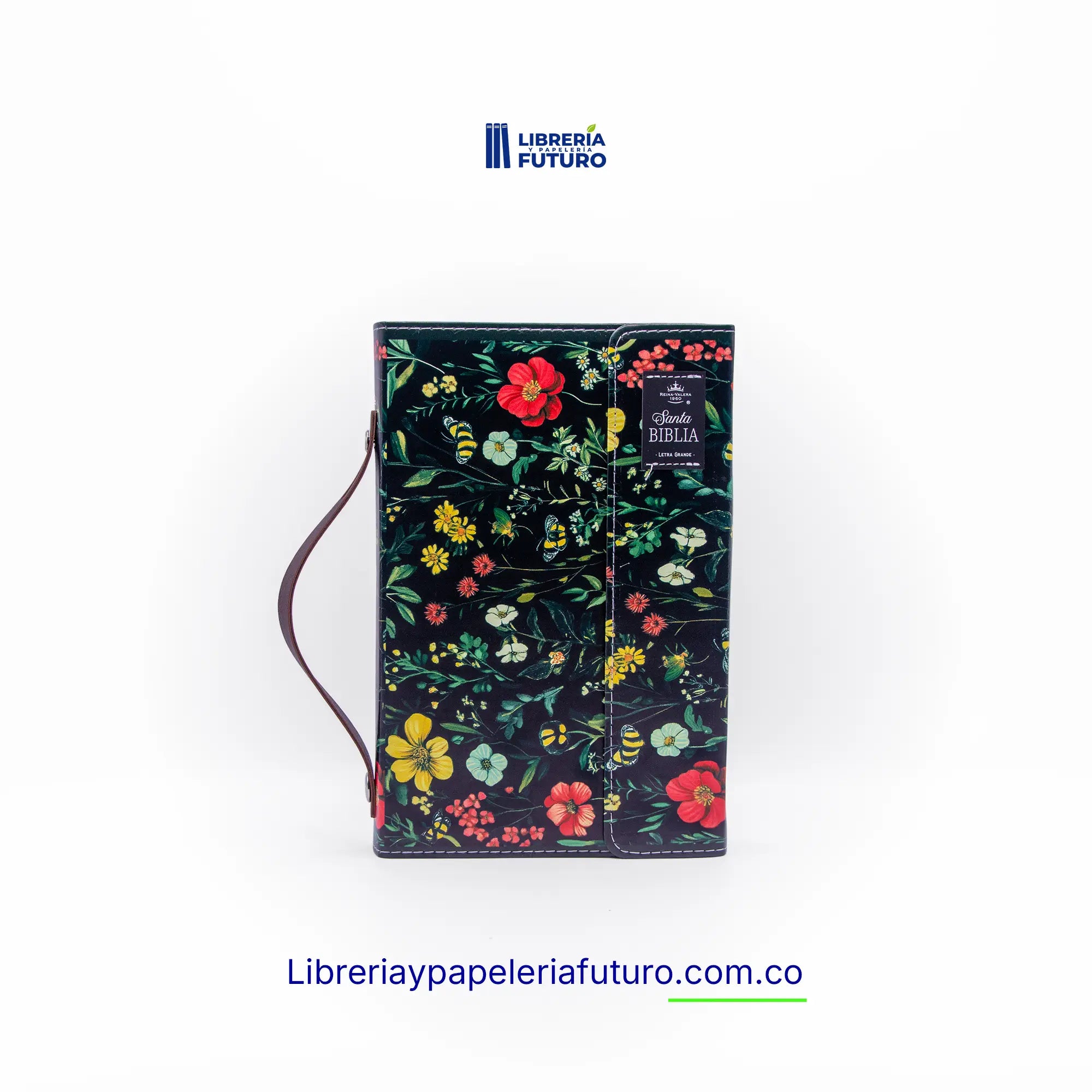 Biblia mediana negra flores broche y asa