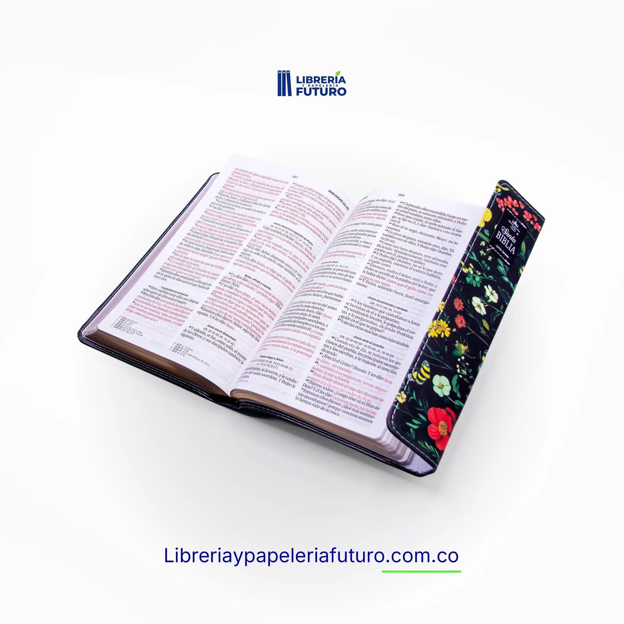 Biblia mediana negra flores broche y asa