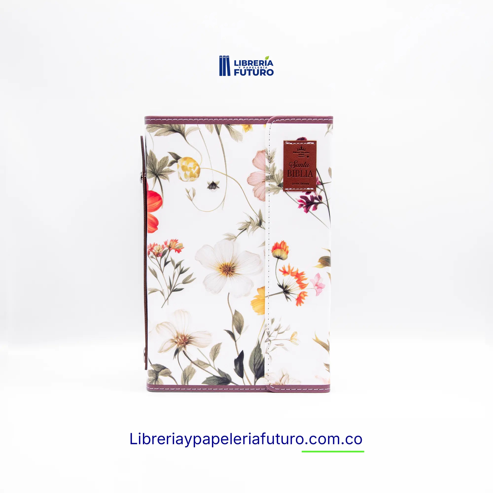 Biblia mediana blanca flores broche y asa