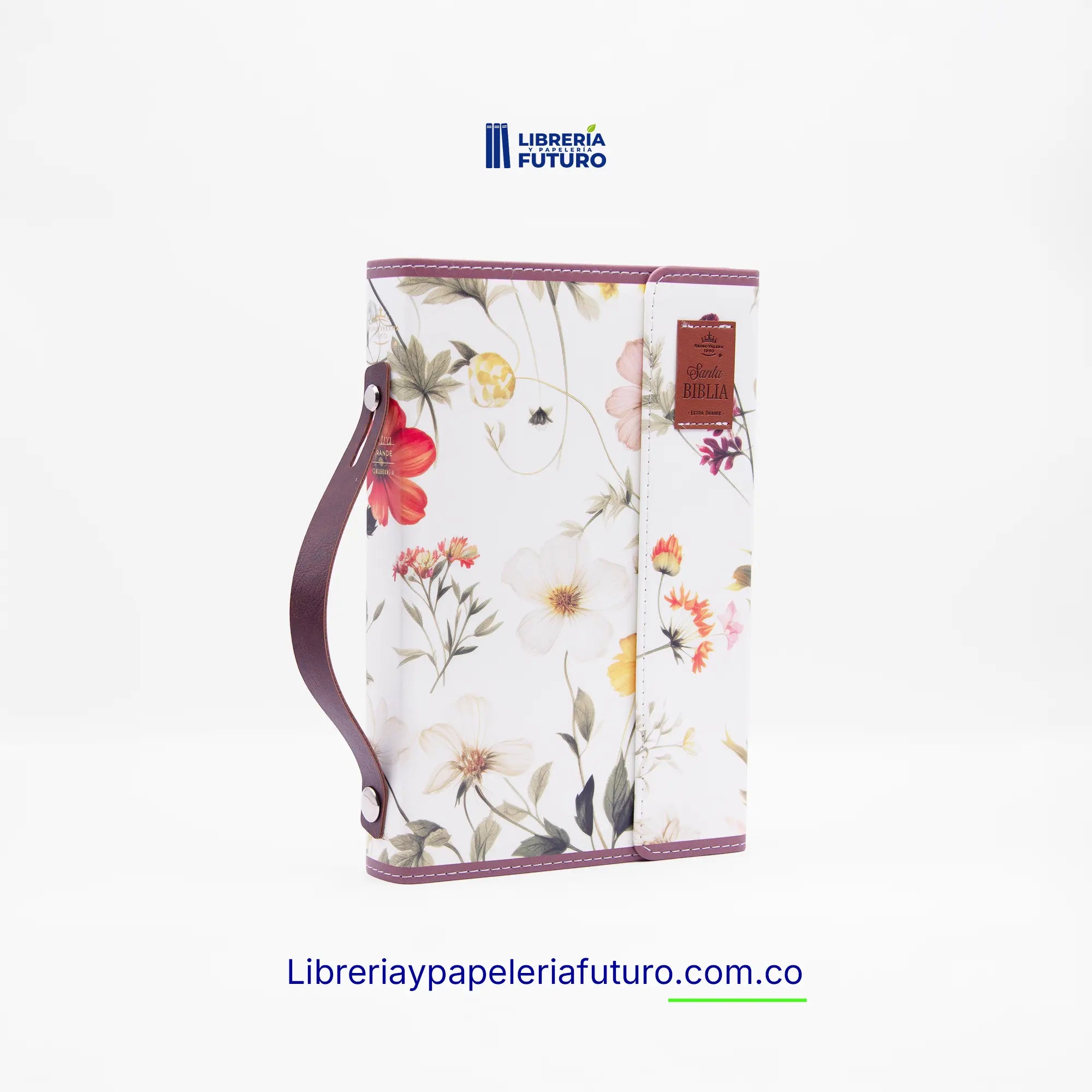 Biblia mediana blanca flores broche y asa